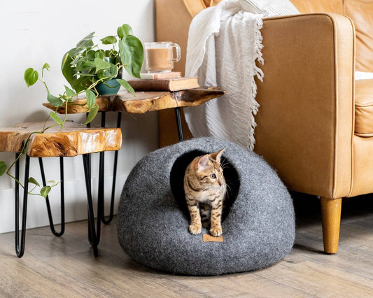 Premium Felted Wool Cat Cave Bed - Stone Gray | Regular