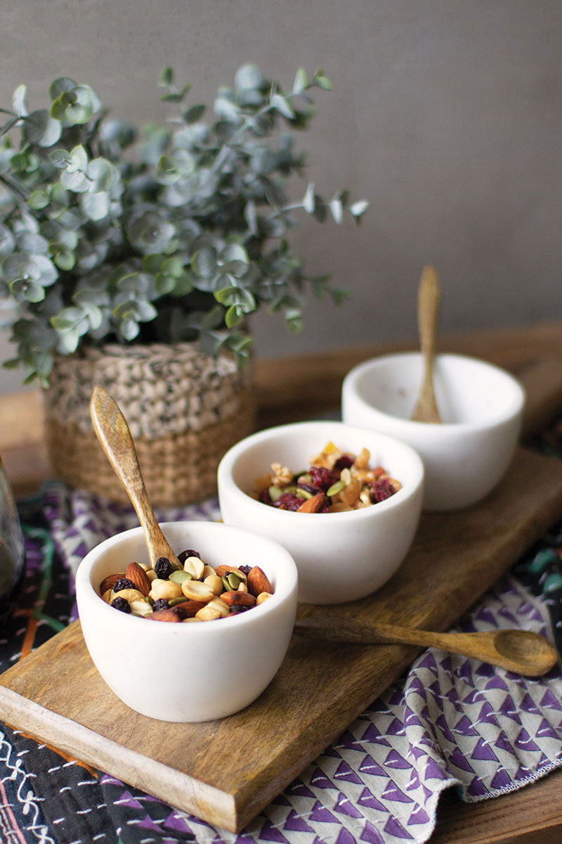 Three White Stone Serving Bowls with Mango Wood Spoons & Base