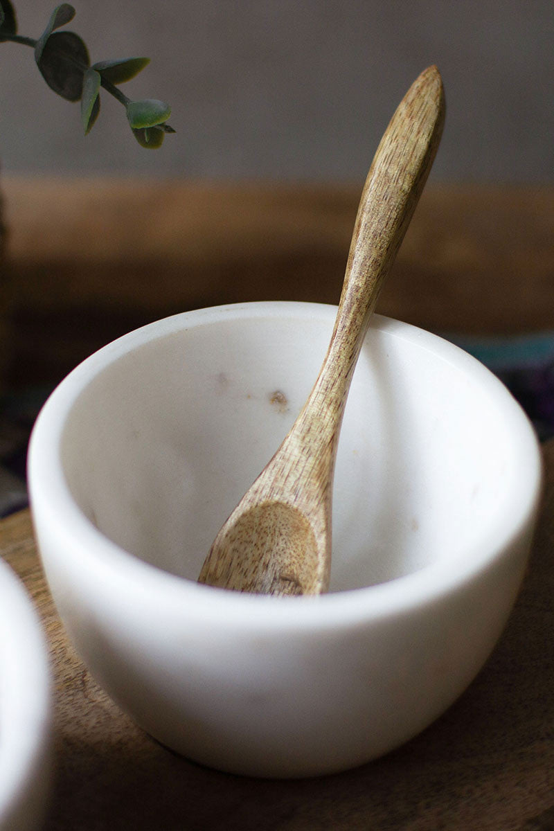 Three White Stone Serving Bowls with Mango Wood Spoons & Base